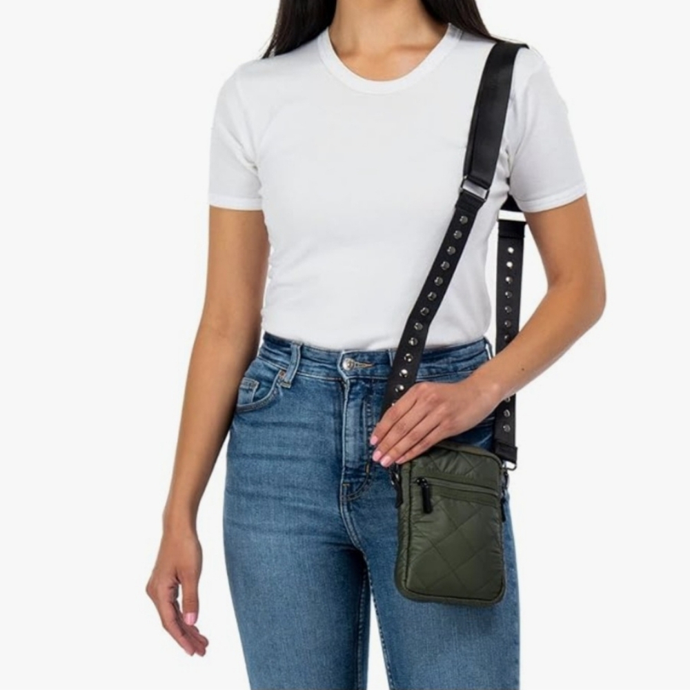 Haute Shore Army Green Casey Avenue Crossbody Leatherette Puffer Crossbody EUC